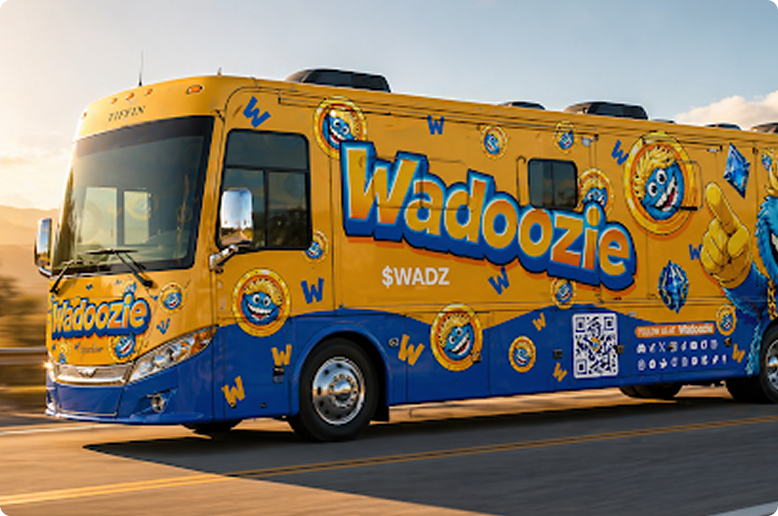 Illustration of the Wadoozie bus with mascot driving through a city at dusk.