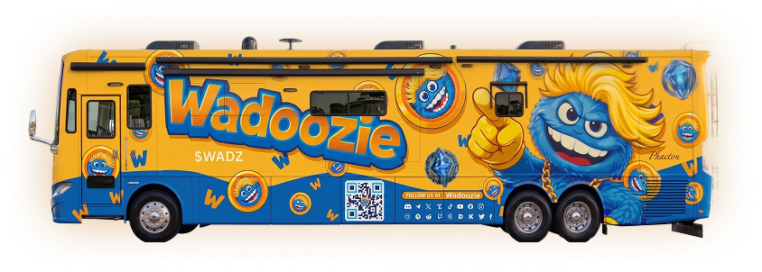 Illustration of the Wadoozie tour bus used for interactive feature highlights.