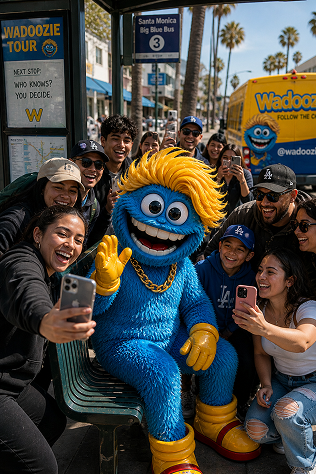 Wadoozie mascot with fans at a live stop.