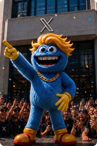 Mascot in front of bright city signage at night.