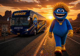 Mascot and Wadoozie bus on the road at sunset.