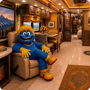 Inside the Wadoozie bus lounge with the mascot.