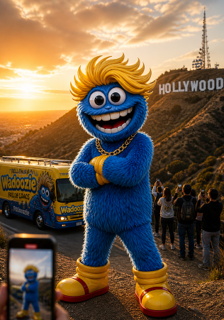 Mascot with a landmark in the background.