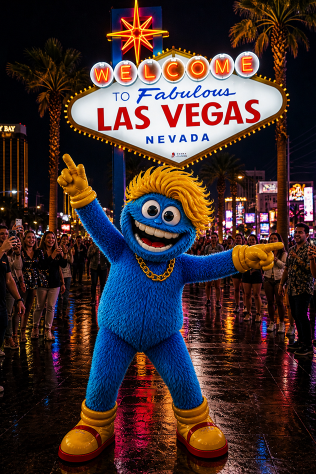 Mascot in front of bright city signage at night.