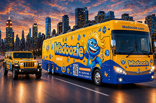 Mascot with a landmark in the background.