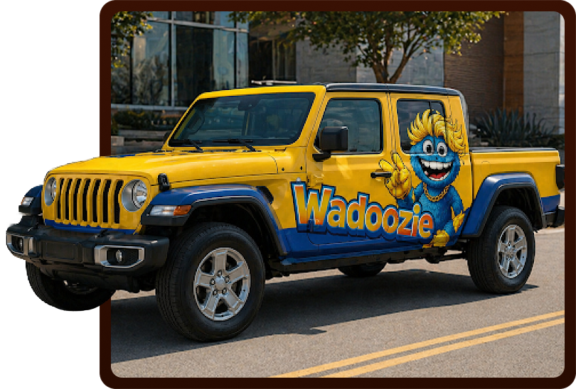 Wadoozie branded Jeep with mascot graphics parked on the road.