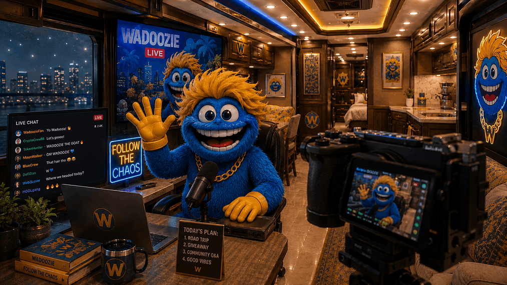 Wadoozie mascot filming with a cinema camera and tripod beside the branded tour bus.
