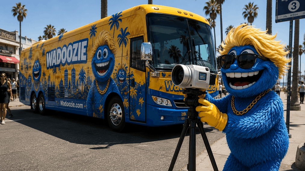 Wadoozie bus on the road at sunset during a live production stop.