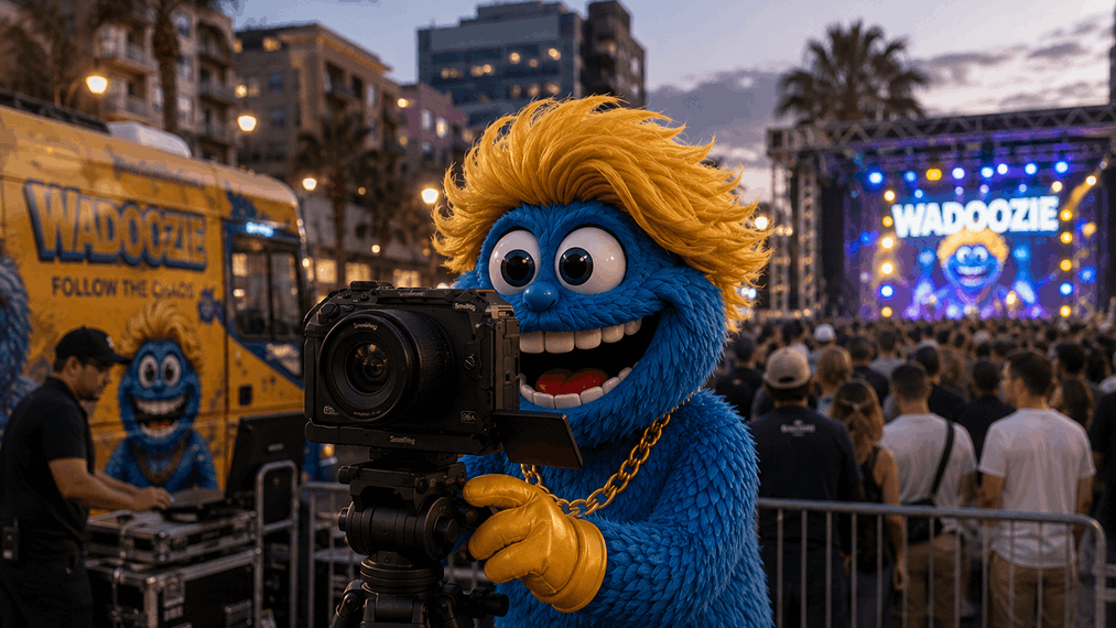 Wadoozie mascot and crew setting up gear outside the tour bus.