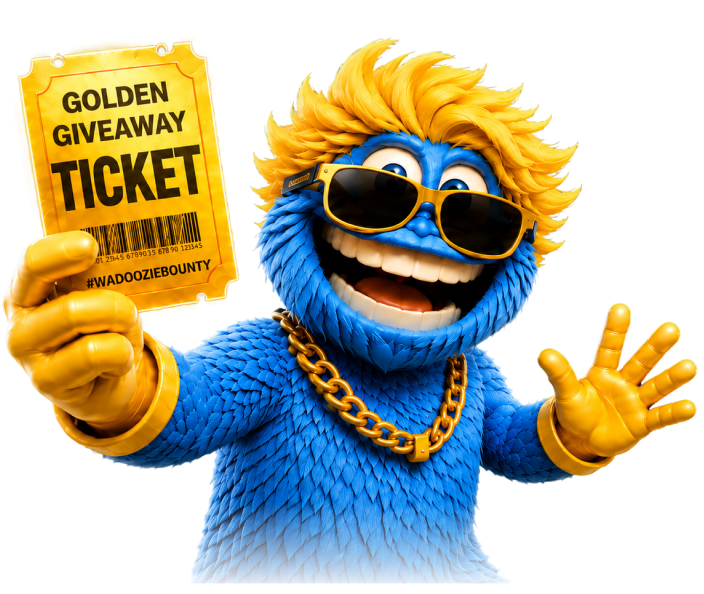 Wadoozie mascot with golden giveaway ticket