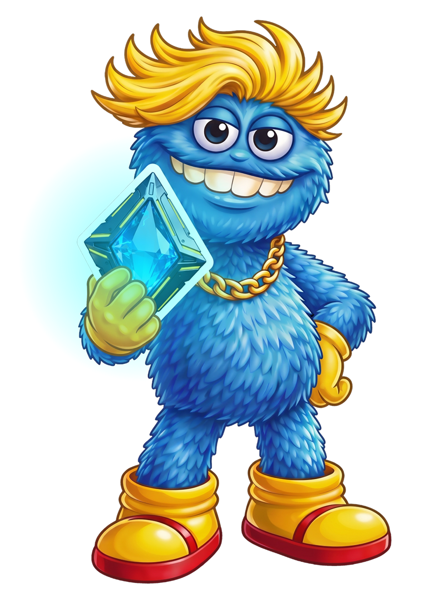 Wadoozie mascot holding a glowing fragment